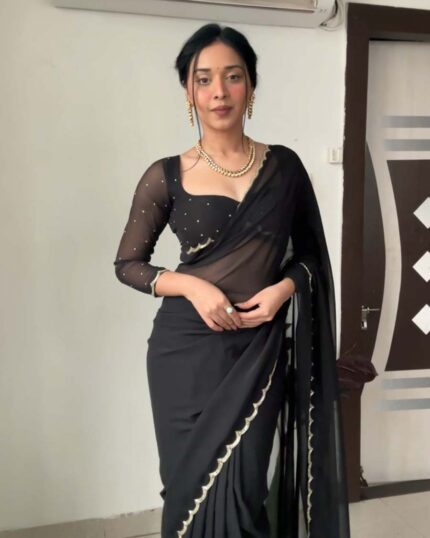 Black Color 1-Minute Ready To Wear Georgette Saree With Stitched Blouse - Navshtri Family