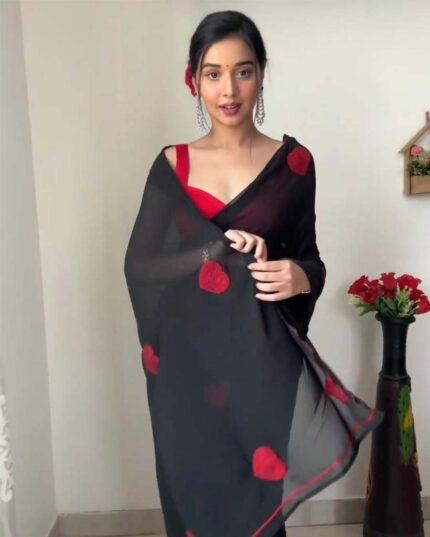 Black Color 1-Minute Ready To Wear Georgette Saree with Thread Gamthi Work - Heart - Navshtri Family
