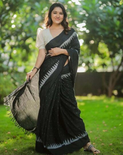 Black Color 1-Minute Ready to Wear Premium Cotton Saree with Blouse Piece - Navshtri Family