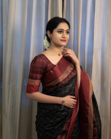 Black Color Chex Design Soft Banarasi silk saree With Golden Zari Work - Navshtri Family