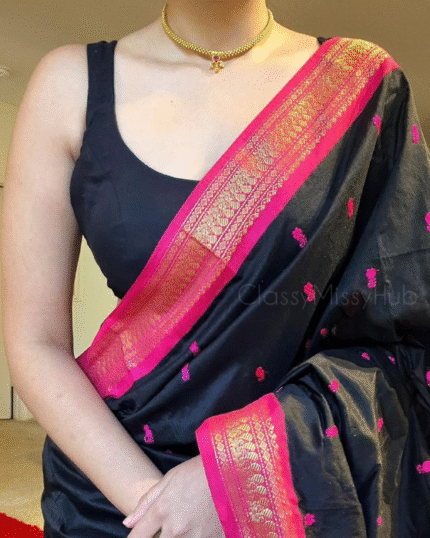 Black Color Curated Quality Soft Banarasi Silk Saree with Classy Bloue Piece - Navshtri Family