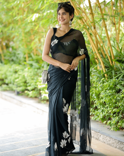 Black Color Georgette 1 - Minute Ready to Wear Saree with Blouse Piece - Navshtri Family