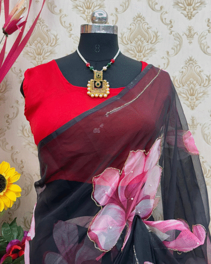 Black Color Georgette 1 - Minute Ready to Wear Saree with Blouse Piece - Navshtri Family