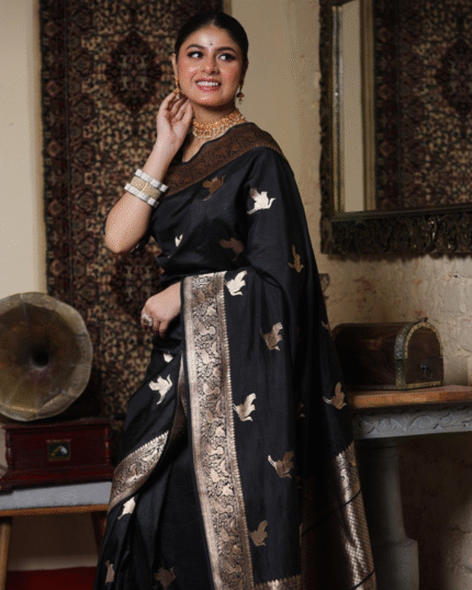Black Color Just Released Soft Banarasi Silk Saree with Classy Bloue Piece - Navshtri Family