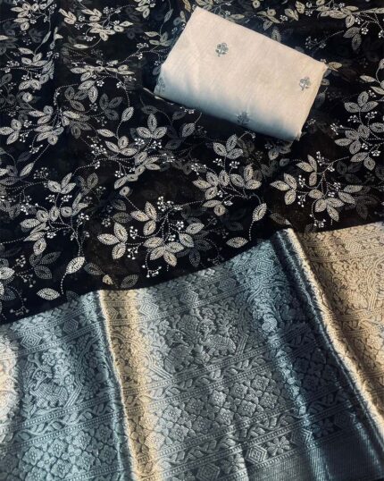 Black Color Kanchi Pure Organza Jacquard Full Worked Saree With Raw Silk Squence Work Blouse - Navshtri Family