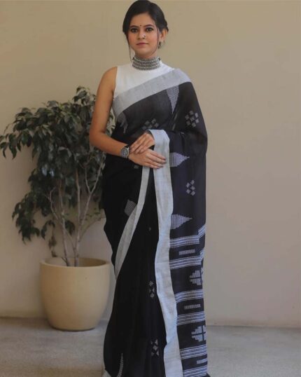 Black Color Latest Collection Cotton Spun Silk Saree with Golden Zari Work - Navshtri Family