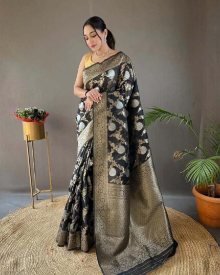 Black Color Latest Collection Soft BanarasiSilk Saree with Golden Zari Work - Navshtri Family