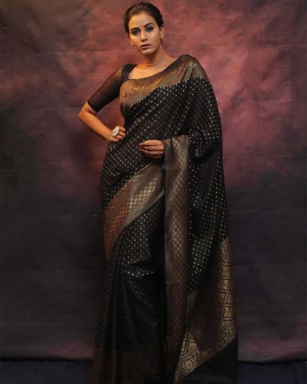 Black Color Latest Design Soft Banarasi Silk Saree with Golden Zari Work - Navshtri Family