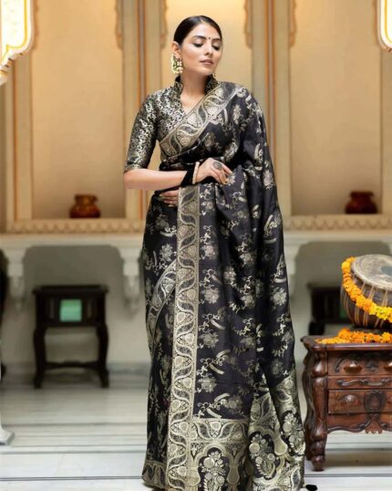 Black Color Latest Soft Banarasi Silk Saree with Golden Zari Work - Navshtri Family