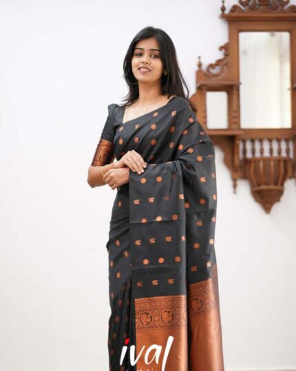 Black Color Light Weight Collection Soft Banarasi Silk Saree with Golden Zari Work - Navshtri Family