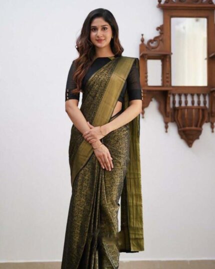 Black Color Lightweight Soft Banarasi silk saree With Golden Zari Work - Navshtri Family