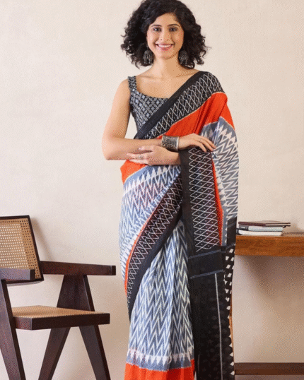 Black Color Mulmul Cotton 1 - Minute Ready to Wear Saree with Pocket and Blouse Piece - Navshtri Family