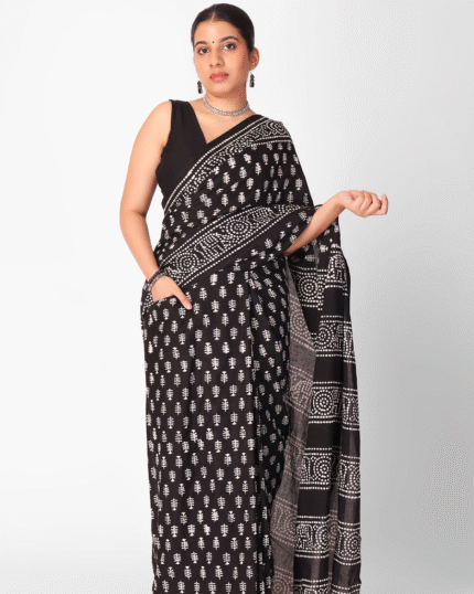 Black Color Mulmul Cotton 1 - Minute Ready to Wear Saree with Pocket and Blouse Piece - Navshtri Family