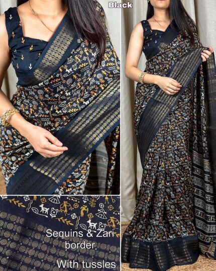 Black Color New Collection Dola Silk Saree with Blouse Piece - Navshtri Family