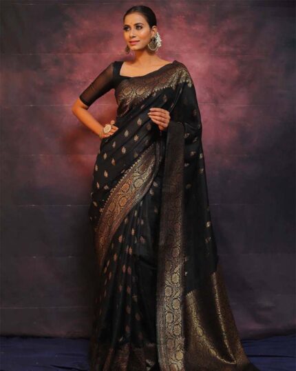 Black Color New Collection Soft Banarasi Silk Saree with Golden Zari Work - Navshtri Family