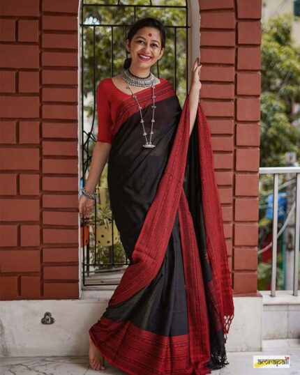 Black Color New Design Cotton Silk Saree with Classy Blouse and tassels - Navshtri Family