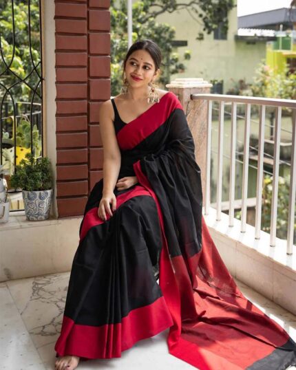 Black Color New Design Cotton Silk Saree with Golden Zari Work - Navshtri Family