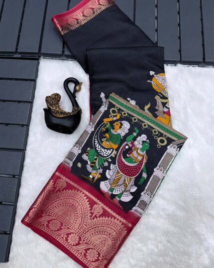 Black Color New Design Dola Silk Saree with Blouse Piece - Navshtri Family