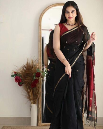 Black Color Premium Cotton Silk Saree With Classy Blouse and tassels - Navshtri Family