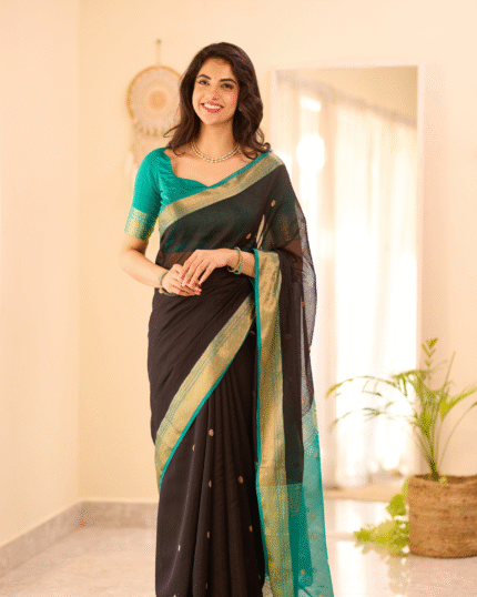 Black Color Premium Cotton Silk Saree With Classy Blouse and tassels - Navshtri Family