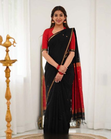 Black Color Premium Cotton Silk Saree With Classy Blouse and tassels - Navshtri Family