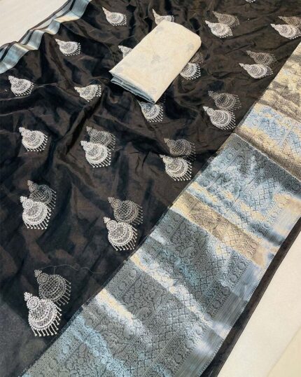 Black Color Premium Kanchi Organza Jacquard Full Worked Saree With Raw Silk Squence Work Blouse & Silk Border - Navshtri Family