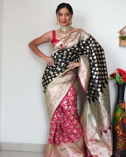 Black Color Ready to Wear New Collection Soft Banarasi Silk Saree with Golden Zari Work - Navshtri Family