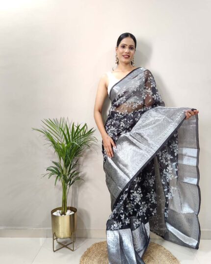 Black Color Ready to Wear Pure Kanchi Organza Jacquard Full Worked Saree With Blouse & Silk Border - Navshtri Family