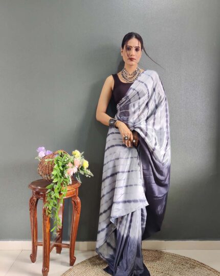 Black Colour 1-Minute Ready To Wear Chinon Saree With Blouse Piece - Navshtri Family