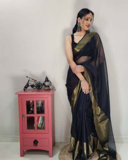 Black Colour 1-Minute Ready To Wear Georgette Saree With Blouse Piece - Navshtri Family