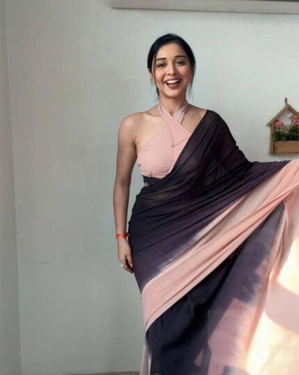 Black Colour 1-Minute Ready To Wear Georgette Saree With Blouse Piece - Navshtri Family