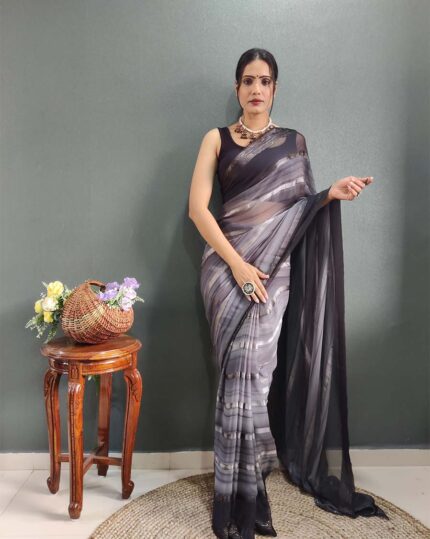 Black Colour 1-Minute Ready To Wear Georgette Saree With Blouse Piece - Navshtri Family