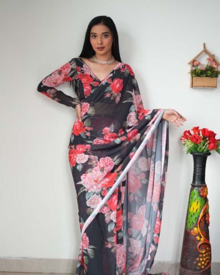 Black Colour 1-Minute Ready To Wear Georgette Saree With Blouse Piece - Navshtri Family