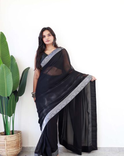 Black Colour 1-Minute Ready To Wear Georgette Saree With Blouse Piece - Navshtri Family