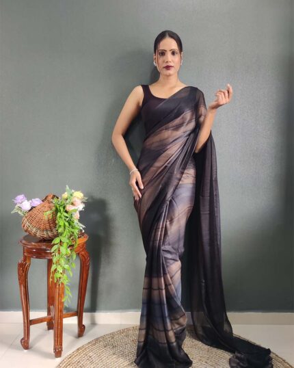 Black Colour 1-Minute Ready To Wear Naylon Saree With Blouse Piece - Navshtri Family