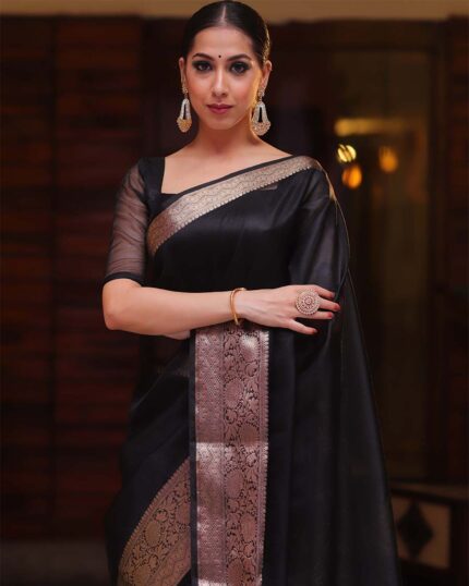 Black Colour New Collection Pure Kanchi Organza Jacquard Full Worked Saree With Blouse & Silk Border - Navshtri Family