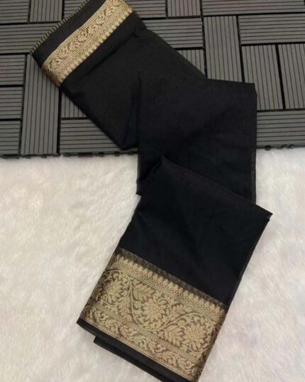 Black Colour Plain Pure Kanchi Organza Jacquard Full Worked Saree With Blouse & Silk Border - Navshtri Family