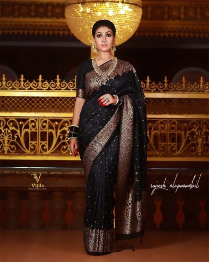 Black Premium Collection Soft Banarasi Silk Saree with Golden Zari Work - Navshtri Family