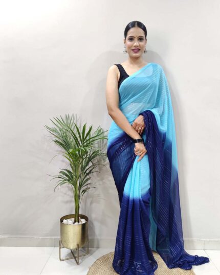 Blue and Navy Blue Dual Color Ready to Wear Rangoli Silk Saree With Blouse - Navshtri Family