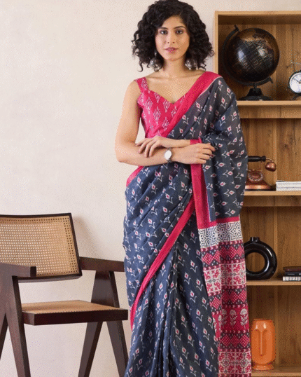 Blue And Pink Color Mulmul Cotton 1 - Minute Ready to Wear Saree with Pocket and Blouse Piece - Navshtri Family