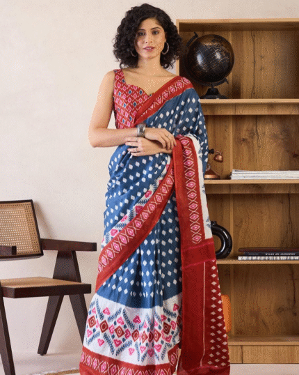 Blue And Red Color Mulmul Cotton 1 - Minute Ready to Wear Saree with Pocket and Blouse Piece - Navshtri Family