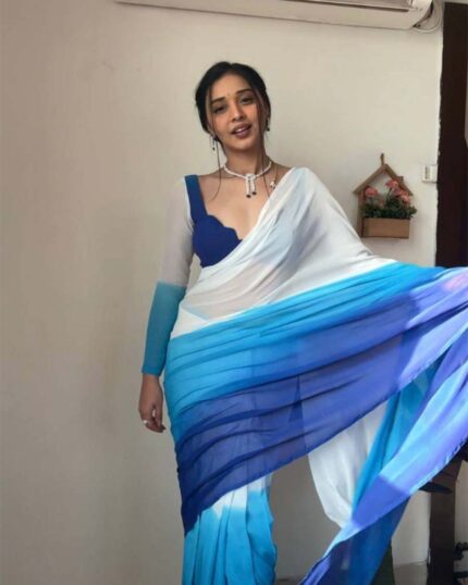 Blue And White Color 1-Minute Ready To Wear GeorgettAe Saree With Blouse Piece - Navshtri Family