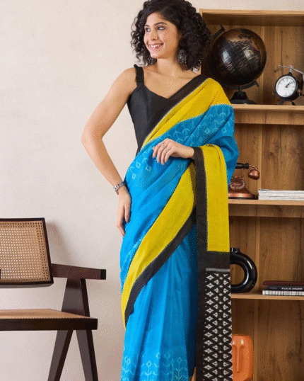 Blue And Yellow Color Mulmul Cotton 1 - Minute Ready to Wear Saree with Pocket and Blouse Piece - Navshtri Family