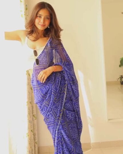 Blue Color 1-Minute Ready to Wear Bandhni Design Premium Georgette Saree with Blouse Piece - Navshtri Family