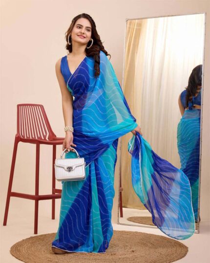 Blue Color 1-Minute Ready To Wear Georgette Saree With Blouse Piece - Navshtri Family