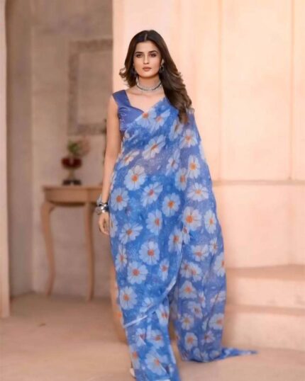Blue Color 1-Minute Ready To Wear Georgette Saree With Blouse Piece - Navshtri Family
