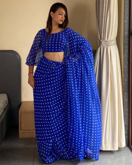 Blue Color 1-Minute Ready To Wear Georgette Saree With Blouse Piece - Navshtri Family