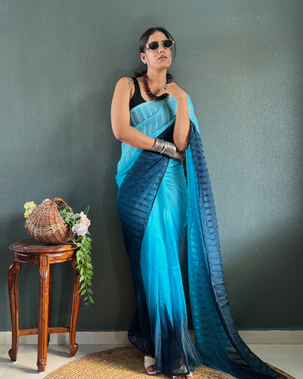 Blue Color 1-Minute Ready To Wear Georgette Saree With Blouse Piece - Navshtri Family
