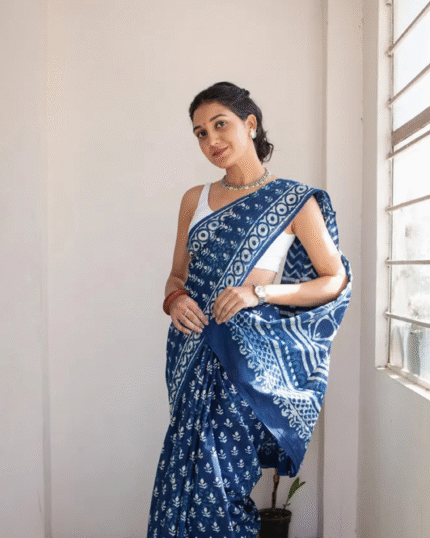 Blue Color 1 - Minute Ready to Wear Mulmul Cotton Saree with Blouse Piece - Navshtri Family