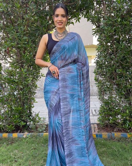 Blue color 1-Minute Ready To Wear Naylon Saree With Blouse Piece - Navshtri Family
